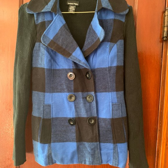 Blue Plaid Jacket with Sweater Sleeves - Picture 1 of 3